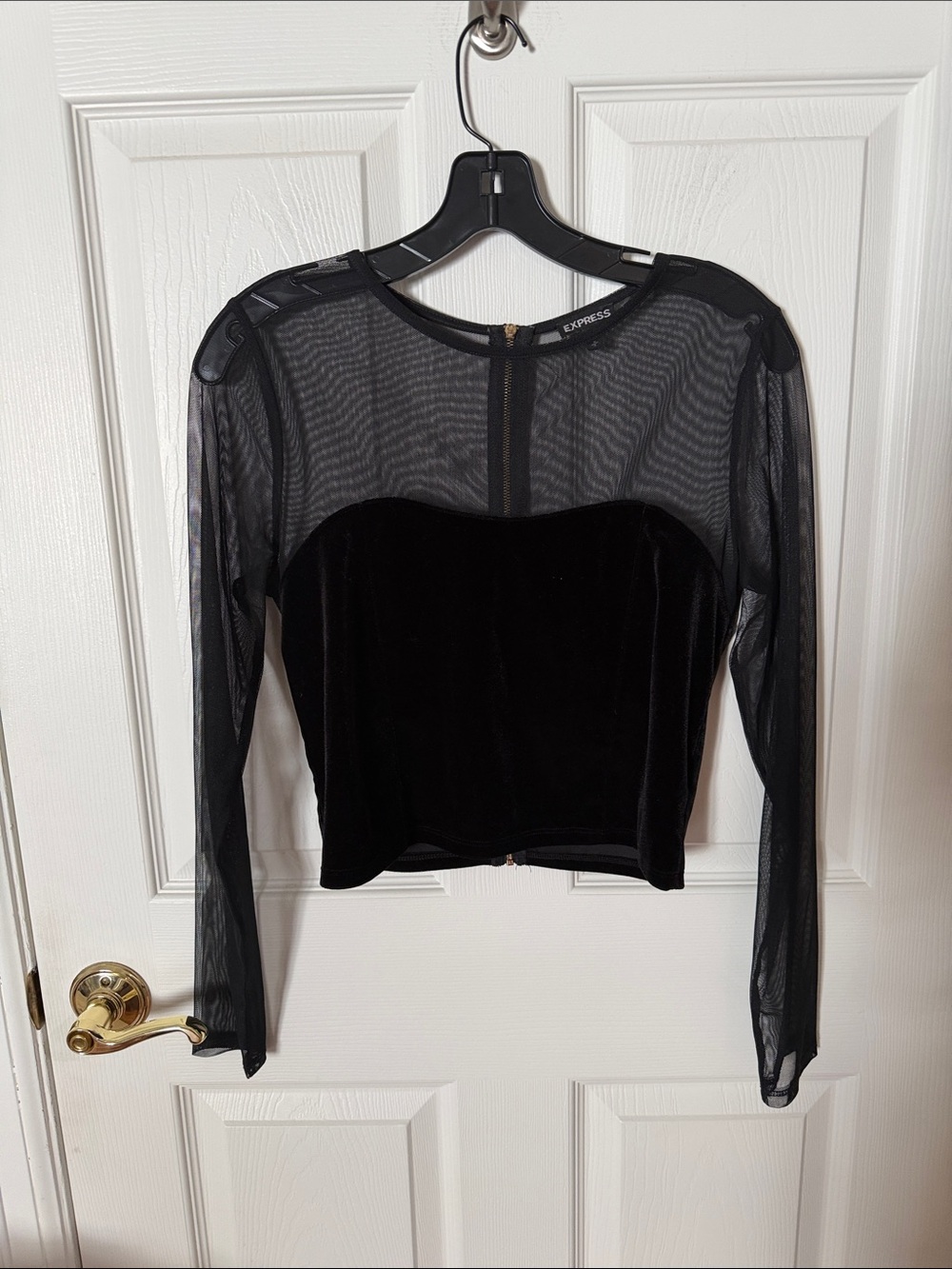 Express Black Velvet & Mesh Long-Sleeve Crop Top medium